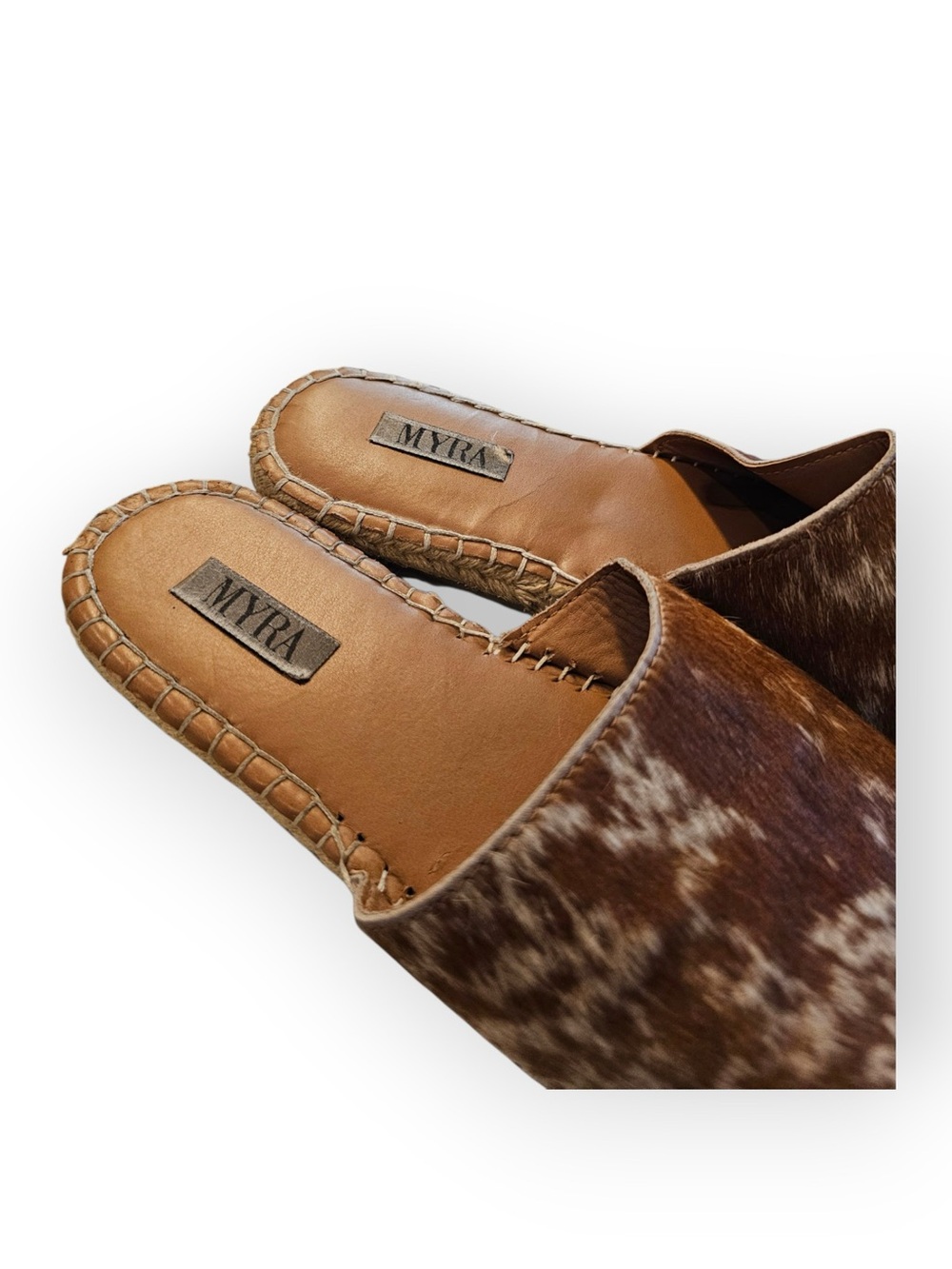 MYRA Real Cowhide Leather Espadrille Slide Sandals Brown White Size 8 - Picture 3 of 6